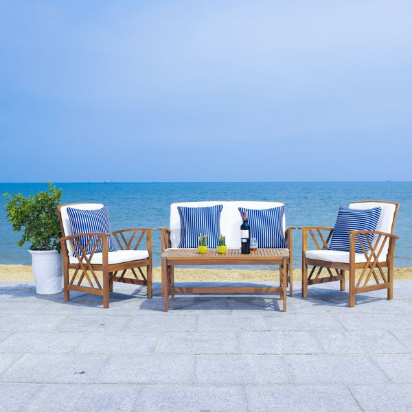 Safavieh FONTANA 4-Piece Outdoor Set - Stylish Acacia Wood Furniture with All-Weather Comfort & Chic Design Natural / Bge + Thn Stp P PAT7008F