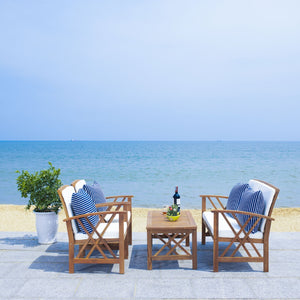 Safavieh FONTANA 4-Piece Outdoor Set - Stylish Acacia Wood Furniture with All-Weather Comfort & Chic Design Natural / Bge + Thn Stp P PAT7008F