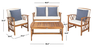 Safavieh FONTANA 4-Piece Outdoor Set - Stylish Acacia Wood Furniture with All-Weather Comfort & Chic Design Natural / Bge + Thn Stp P PAT7008F