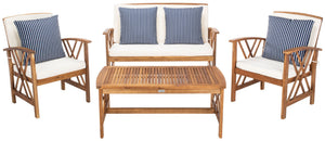 Safavieh FONTANA 4-Piece Outdoor Set - Stylish Acacia Wood Furniture with All-Weather Comfort & Chic Design Natural / Bge + Thn Stp P PAT7008F