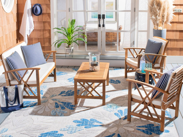 Safavieh FONTANA 4-Piece Outdoor Set - Stylish Acacia Wood Furniture with All-Weather Comfort & Chic Design Natural / Bge + Thn Stp P PAT7008F