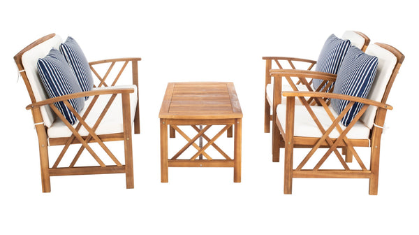 Safavieh FONTANA 4-Piece Outdoor Set - Stylish Acacia Wood Furniture with All-Weather Comfort & Chic Design Natural / Bge + Thn Stp P PAT7008F