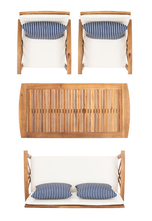 Safavieh FONTANA 4-Piece Outdoor Set - Stylish Acacia Wood Furniture with All-Weather Comfort & Chic Design Natural / Bge + Thn Stp P PAT7008F