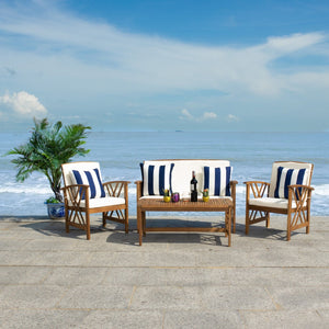 Safavieh FONTANA 4-Piece Outdoor Set - Stylish Acacia Wood Furniture with All-Weather Comfort & Chic Design Natural / Bge + Thk Stp P PAT7008G