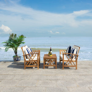 Safavieh FONTANA 4-Piece Outdoor Set - Stylish Acacia Wood Furniture with All-Weather Comfort & Chic Design Natural / Bge + Thk Stp P PAT7008G
