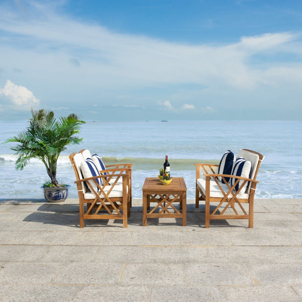 Safavieh FONTANA 4-Piece Outdoor Set - Stylish Acacia Wood Furniture with All-Weather Comfort & Chic Design Natural / Bge + Thk Stp P PAT7008G