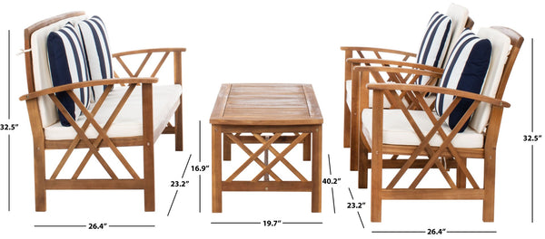 Safavieh FONTANA 4-Piece Outdoor Set - Stylish Acacia Wood Furniture with All-Weather Comfort & Chic Design Natural / Bge + Thk Stp P PAT7008G