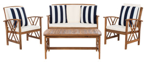 Safavieh FONTANA 4-Piece Outdoor Set - Stylish Acacia Wood Furniture with All-Weather Comfort & Chic Design Natural / Bge + Thk Stp P PAT7008G