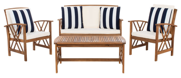 Safavieh FONTANA 4-Piece Outdoor Set - Stylish Acacia Wood Furniture with All-Weather Comfort & Chic Design Natural / Bge + Thk Stp P PAT7008G