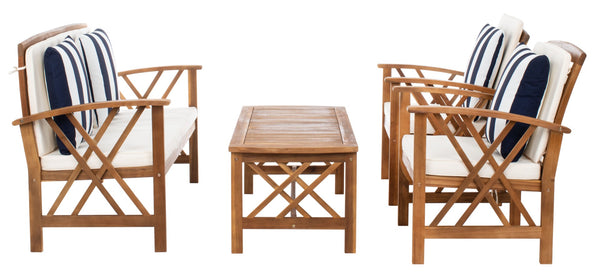 Safavieh FONTANA 4-Piece Outdoor Set - Stylish Acacia Wood Furniture with All-Weather Comfort & Chic Design Natural / Bge + Thk Stp P PAT7008G