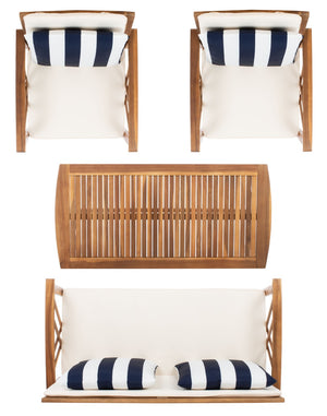 Safavieh FONTANA 4-Piece Outdoor Set - Stylish Acacia Wood Furniture with All-Weather Comfort & Chic Design Natural / Bge + Thk Stp P PAT7008G