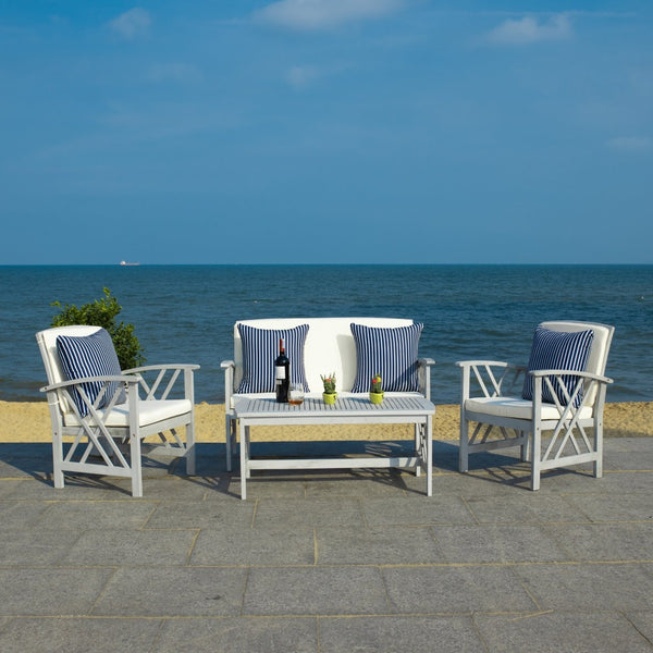 Safavieh FONTANA 4-Piece Outdoor Set - Stylish Acacia Wood Furniture with All-Weather Comfort & Chic Design Grey / Bge + Thn Stp P PAT7008H