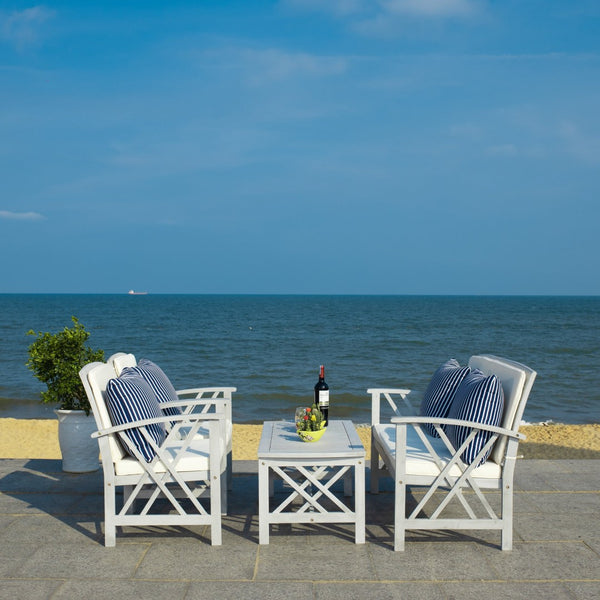 Safavieh FONTANA 4-Piece Outdoor Set - Stylish Acacia Wood Furniture with All-Weather Comfort & Chic Design Grey / Bge + Thn Stp P PAT7008H