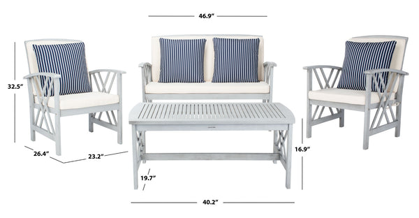 Safavieh FONTANA 4-Piece Outdoor Set - Stylish Acacia Wood Furniture with All-Weather Comfort & Chic Design Grey / Bge + Thn Stp P PAT7008H