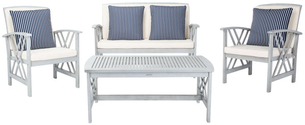 Safavieh FONTANA 4-Piece Outdoor Set - Stylish Acacia Wood Furniture with All-Weather Comfort & Chic Design Grey / Bge + Thn Stp P PAT7008H