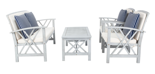 Safavieh FONTANA 4-Piece Outdoor Set - Stylish Acacia Wood Furniture with All-Weather Comfort & Chic Design Grey / Bge + Thn Stp P PAT7008H