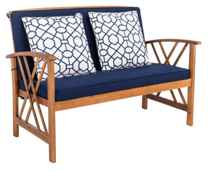 Safavieh FONTANA 4-Piece Outdoor Set - Stylish Acacia Wood Furniture with All-Weather Comfort & Chic Design Natural / Nvy + Trellis P PAT7008J
