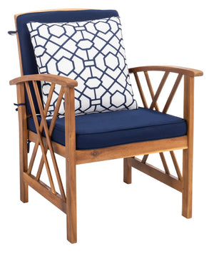 Safavieh FONTANA 4-Piece Outdoor Set - Stylish Acacia Wood Furniture with All-Weather Comfort & Chic Design Natural / Nvy + Trellis P PAT7008J