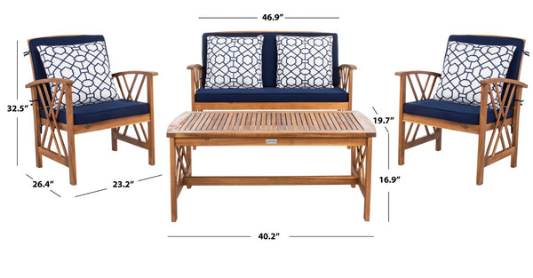 Safavieh FONTANA 4-Piece Outdoor Set - Stylish Acacia Wood Furniture with All-Weather Comfort & Chic Design Natural / Nvy + Trellis P PAT7008J
