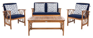 Safavieh FONTANA 4-Piece Outdoor Set - Stylish Acacia Wood Furniture with All-Weather Comfort & Chic Design Natural / Nvy + Trellis P PAT7008J