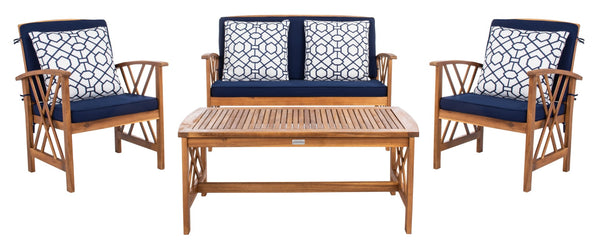 Safavieh FONTANA 4-Piece Outdoor Set - Stylish Acacia Wood Furniture with All-Weather Comfort & Chic Design Natural / Nvy + Trellis P PAT7008J