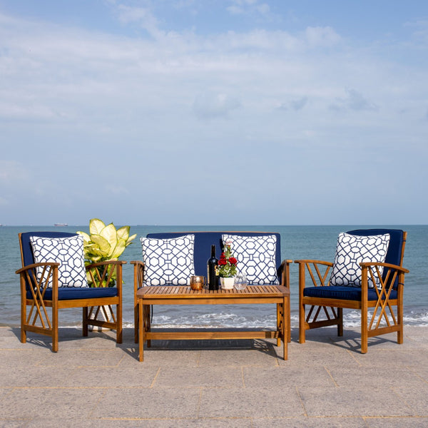 Safavieh FONTANA 4-Piece Outdoor Set - Stylish Acacia Wood Furniture with All-Weather Comfort & Chic Design Natural / Nvy + Trellis P PAT7008J