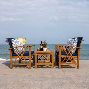 Safavieh FONTANA 4-Piece Outdoor Set - Stylish Acacia Wood Furniture with All-Weather Comfort & Chic Design Natural / Nvy + Trellis P PAT7008J