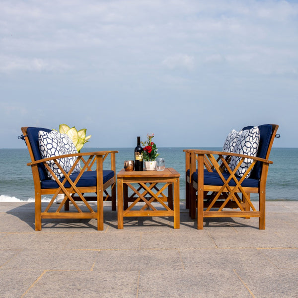 Safavieh FONTANA 4-Piece Outdoor Set - Stylish Acacia Wood Furniture with All-Weather Comfort & Chic Design Natural / Nvy + Trellis P PAT7008J