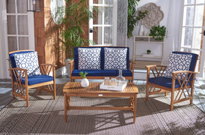 Safavieh FONTANA 4-Piece Outdoor Set - Stylish Acacia Wood Furniture with All-Weather Comfort & Chic Design Natural / Nvy + Trellis P PAT7008J