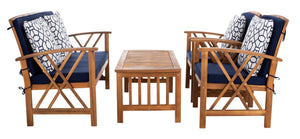 Safavieh FONTANA 4-Piece Outdoor Set - Stylish Acacia Wood Furniture with All-Weather Comfort & Chic Design Natural / Nvy + Trellis P PAT7008J