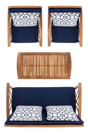 Safavieh FONTANA 4-Piece Outdoor Set - Stylish Acacia Wood Furniture with All-Weather Comfort & Chic Design Natural / Nvy + Trellis P PAT7008J