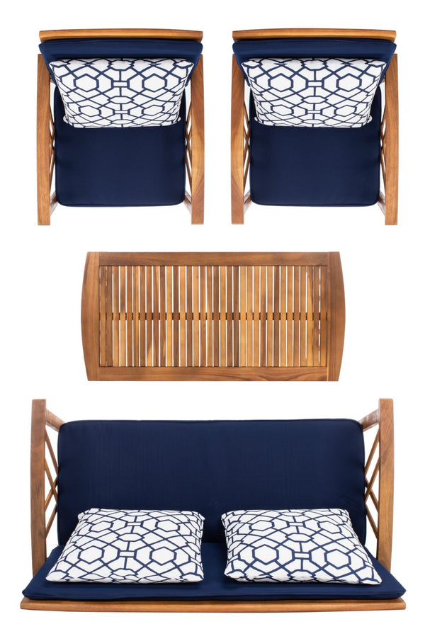 Safavieh FONTANA 4-Piece Outdoor Set - Stylish Acacia Wood Furniture with All-Weather Comfort & Chic Design Natural / Nvy + Trellis P PAT7008J