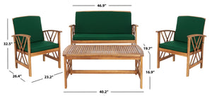 Safavieh FONTANA 4-Piece Outdoor Set - Stylish Acacia Wood Furniture with All-Weather Comfort & Chic Design Natural / Green PAT7008N