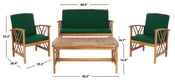 Safavieh FONTANA 4-Piece Outdoor Set - Stylish Acacia Wood Furniture with All-Weather Comfort & Chic Design Natural / Green PAT7008N