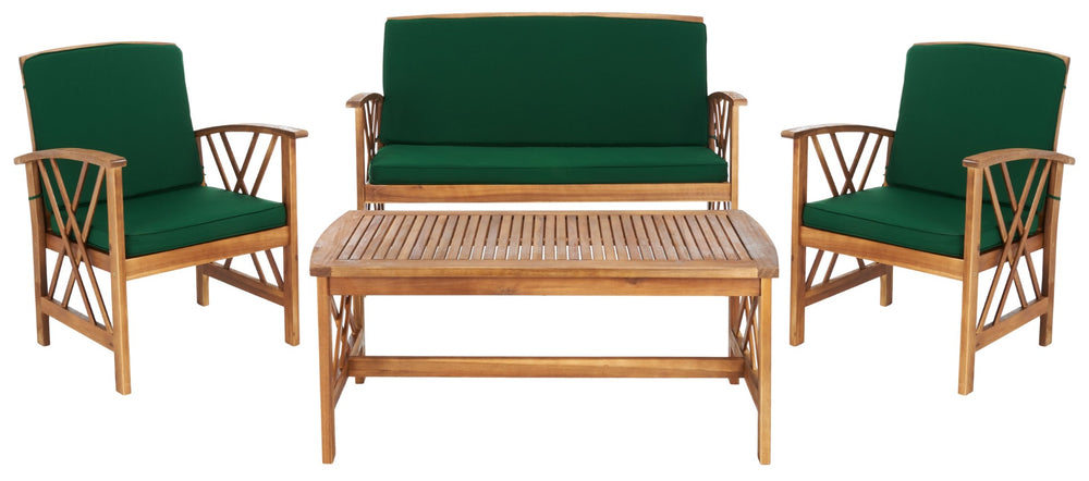 Safavieh FONTANA 4-Piece Outdoor Set - Stylish Acacia Wood Furniture with All-Weather Comfort & Chic Design Natural / Green PAT7008N