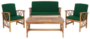 Safavieh FONTANA 4-Piece Outdoor Set - Stylish Acacia Wood Furniture with All-Weather Comfort & Chic Design Natural / Green PAT7008N
