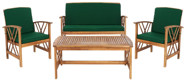 Safavieh FONTANA 4-Piece Outdoor Set - Stylish Acacia Wood Furniture with All-Weather Comfort & Chic Design Natural / Green PAT7008N