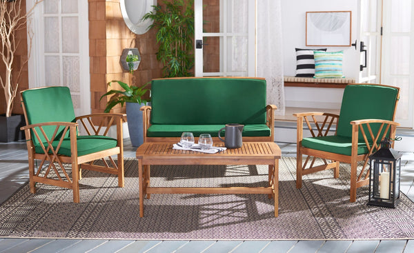 Safavieh FONTANA 4-Piece Outdoor Set - Stylish Acacia Wood Furniture with All-Weather Comfort & Chic Design Natural / Green PAT7008N