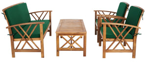 Safavieh FONTANA 4-Piece Outdoor Set - Stylish Acacia Wood Furniture with All-Weather Comfort & Chic Design Natural / Green PAT7008N