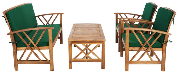 Safavieh FONTANA 4-Piece Outdoor Set - Stylish Acacia Wood Furniture with All-Weather Comfort & Chic Design Natural / Green PAT7008N