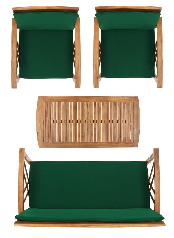 Safavieh FONTANA 4-Piece Outdoor Set - Stylish Acacia Wood Furniture with All-Weather Comfort & Chic Design Natural / Green PAT7008N
