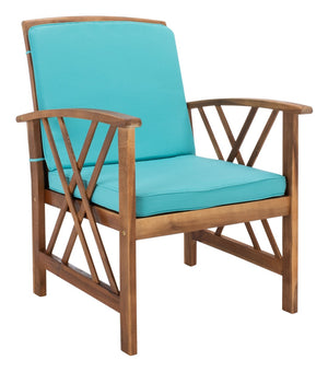 Safavieh FONTANA 4-Piece Outdoor Set - Stylish Acacia Wood Furniture with All-Weather Comfort & Chic Design Natural / Aqua PAT7008Q