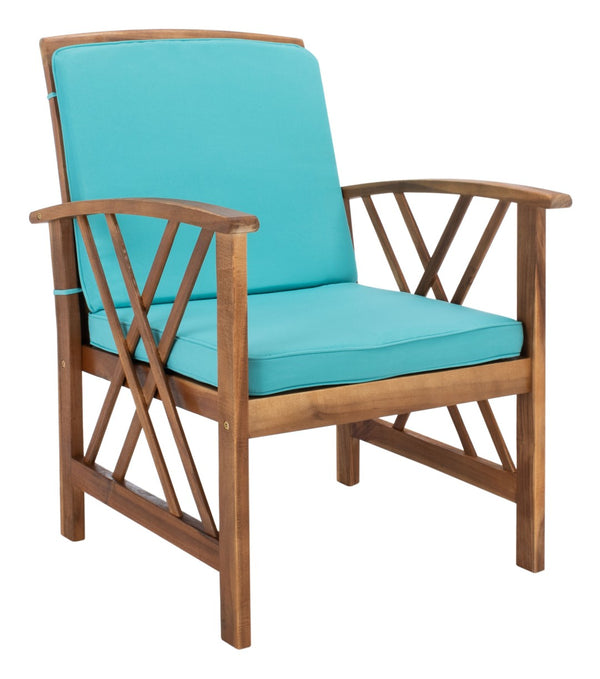 Safavieh FONTANA 4-Piece Outdoor Set - Stylish Acacia Wood Furniture with All-Weather Comfort & Chic Design Natural / Aqua PAT7008Q