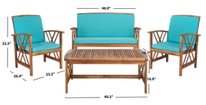 Safavieh FONTANA 4-Piece Outdoor Set - Stylish Acacia Wood Furniture with All-Weather Comfort & Chic Design Natural / Aqua PAT7008Q