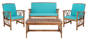 Safavieh FONTANA 4-Piece Outdoor Set - Stylish Acacia Wood Furniture with All-Weather Comfort & Chic Design Natural / Aqua PAT7008Q