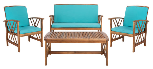 Safavieh FONTANA 4-Piece Outdoor Set - Stylish Acacia Wood Furniture with All-Weather Comfort & Chic Design Natural / Aqua PAT7008Q