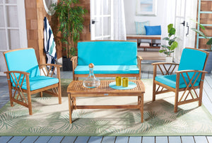 Safavieh FONTANA 4-Piece Outdoor Set - Stylish Acacia Wood Furniture with All-Weather Comfort & Chic Design Natural / Aqua PAT7008Q