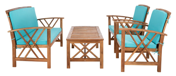 Safavieh FONTANA 4-Piece Outdoor Set - Stylish Acacia Wood Furniture with All-Weather Comfort & Chic Design Natural / Aqua PAT7008Q