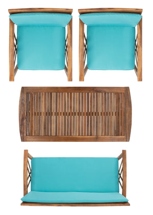 Safavieh FONTANA 4-Piece Outdoor Set - Stylish Acacia Wood Furniture with All-Weather Comfort & Chic Design Natural / Aqua PAT7008Q