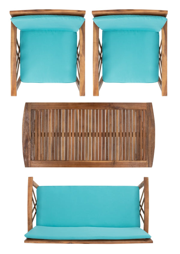 Safavieh FONTANA 4-Piece Outdoor Set - Stylish Acacia Wood Furniture with All-Weather Comfort & Chic Design Natural / Aqua PAT7008Q
